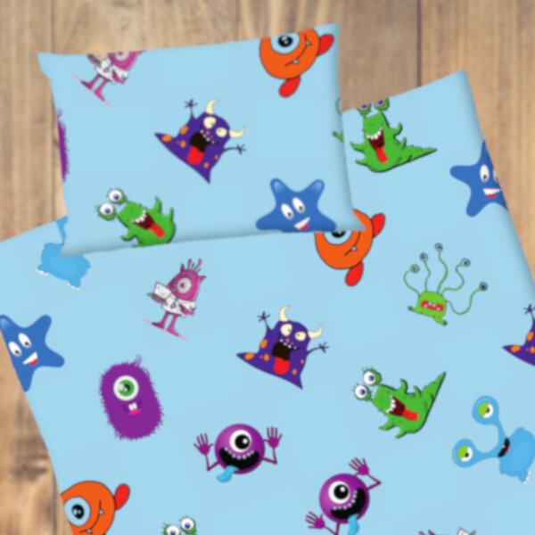 Kinderbettwäsche bedruckt , mit Hotelverschluss Monster blau